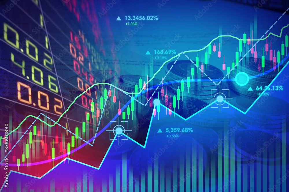 double exposure stock market and line chart with coins background. double exposure stock market and line chart with coins background.