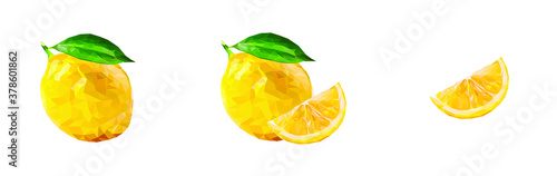 Polygonal set lemon with a slice and a leaf. Yellow juicy lemon. Stock vector illustration	