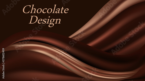 Chocolate wave background. Dark brown creamy chocolate, shiny silk  texture. Smooth color flow effect. Abstract vector background for elegant modern poster or banner.