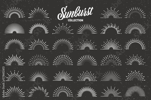 Vintage grunge sunburst collection. Bursting sun rays. Fireworks. Logotype or lettering design element. Radial sunset beams. Vector illustration.