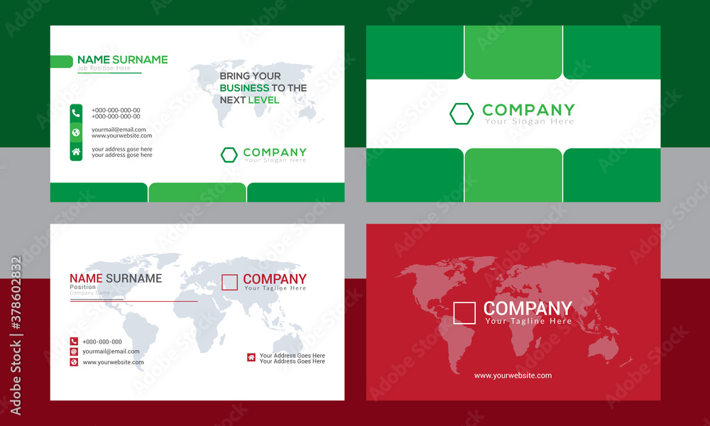 Red white, and green color corporate business card design template. Print-ready business card template
