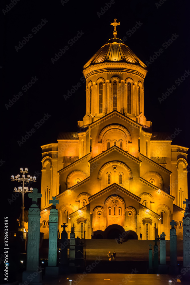 Night view of Sameba - Holy Trinity Cathedral of Tbilisi Georgia, August 2018