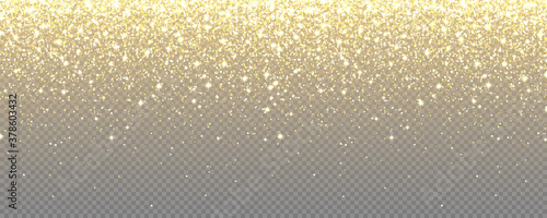 Sparkling Golden Glitter on Transparent Vector Background. Falling Shiny Confetti with Gold Shards. Shining Light Effect for Christmas or New Year Greeting Card.