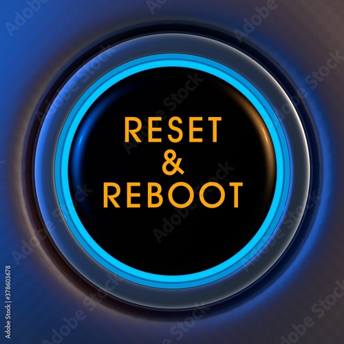 Blue and orange glowing reset and reboot button on metallic background. 3D rendering
 photo