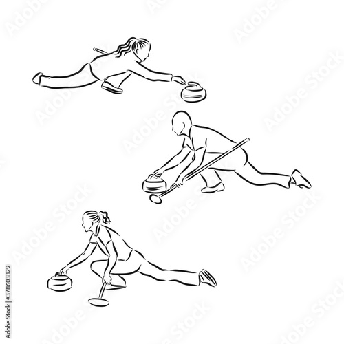 isolated silhouette of curling player , black and white drawing, Curling, vector sketch illustration
