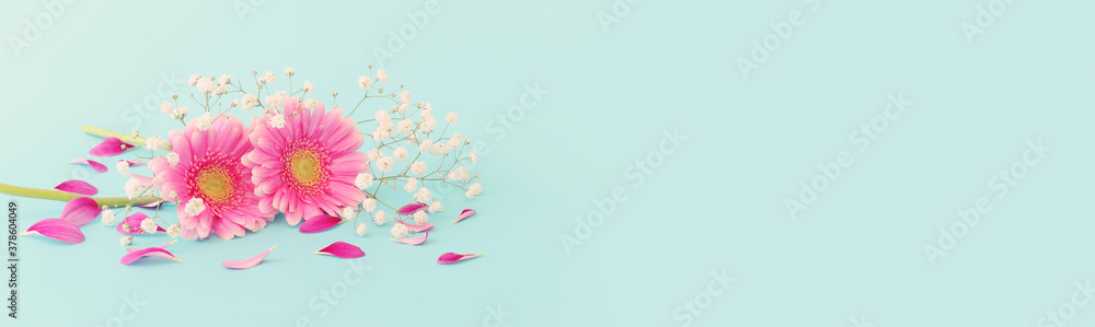 spring bouquet of pink and white flowers over pastel blue background spring bouquet of pink and white flowers over pastel blue background