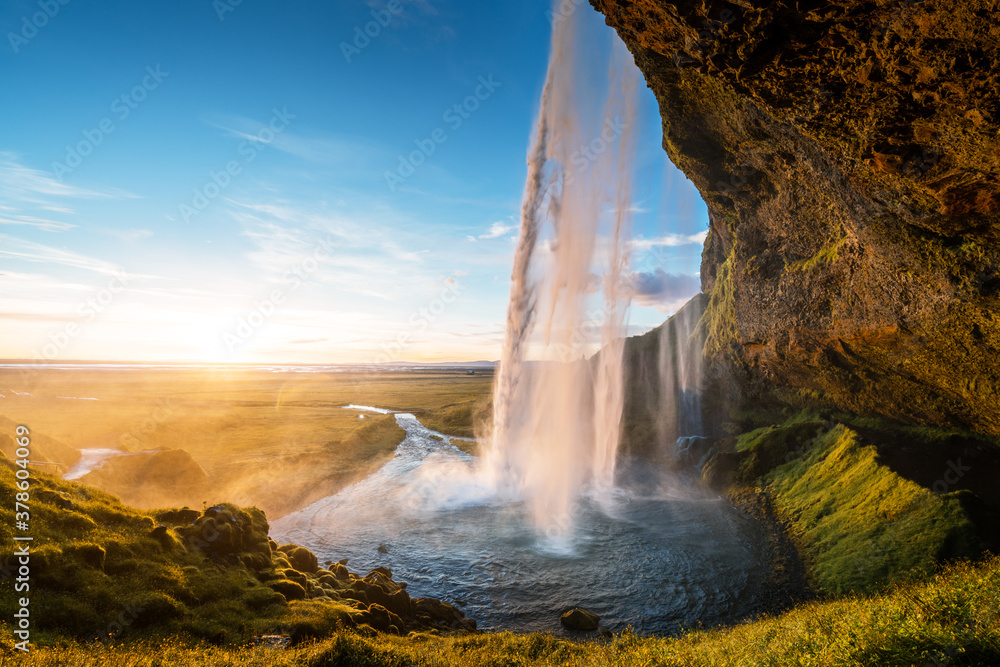 Seljalandfoss waterfall in sunset time, Iceland