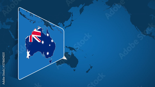 Location of Australia on the World Map with Enlarged Map of Australia with Flag.