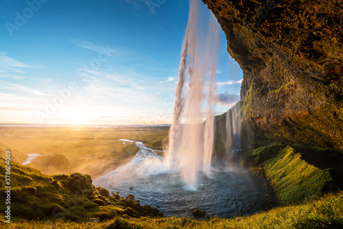 Seljalandfoss waterfall in sunset time  Iceland