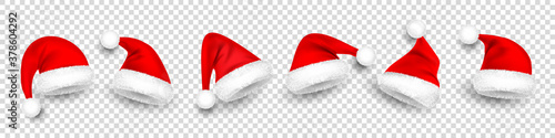Christmas Santa Claus hats with fur. New Year red hat isolated on transparent background. Winter cap. Vector illustration.