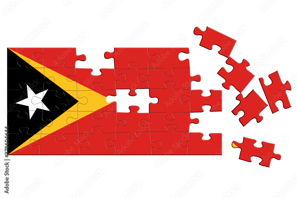 A jigsaw puzzle with a print of the flag of East Timor, some pieces of the puzzle are scattered or disconnected. Isolated background. 3d illustration