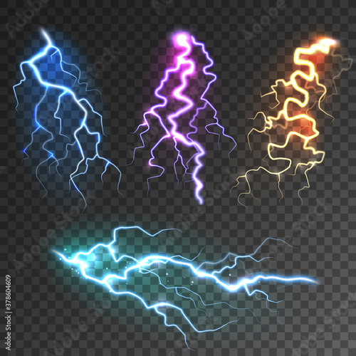 Realistic lightning collection on transparent background. Thunderstorm and lightning bolt. Sparks of light. Stormy weather effect. Vector illustration.