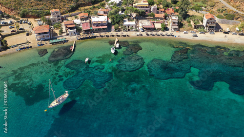 Fototapeta Naklejka Na Ścianę i Meble -  Aerial drone photo of seaside picturesque village of Porto Kagio in the southmost part of Mani peninsula, Peloponnese, Lakonia, Greece