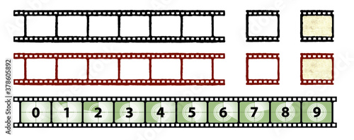 Empty, 35 mm blank dia old film strip background. Texture frame filmstrip. Cinema template image Flat vector signs, Transparent photo picture textures Funny golden globes. Analog film. Panorama frames