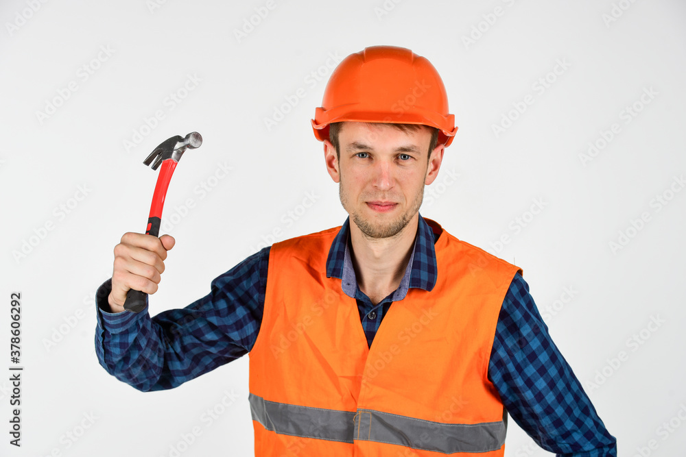 build and construction. skilled architect repair and fix. engineer worker career. tools for repair. young man in hard hat. man builder use hammer. professional repairman in helmet. examining