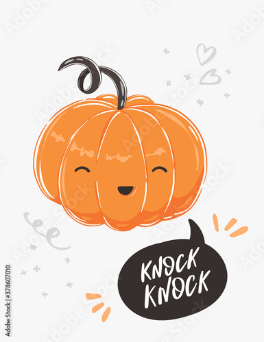 Cute illustration for Halloween party invitation or greeting card. Pumpkin with speech buuble and text Knock Knock