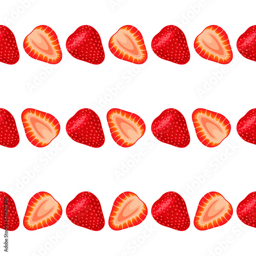 Slices of ripe fresh strawberries, seamless berry border