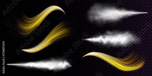 White dust spray and wavy flows of golden powder isolated on transparent background. Vector realistic set of smoke or vapor with particles splash from aerosol, stream of spraying cosmetic