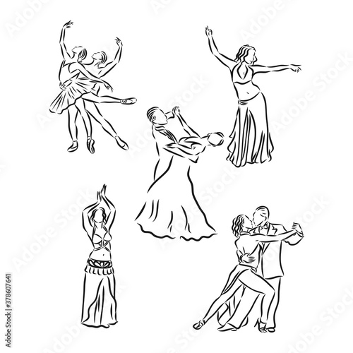 Vector illustration of ballroom dancing couples, dancing, vector sketch illustration