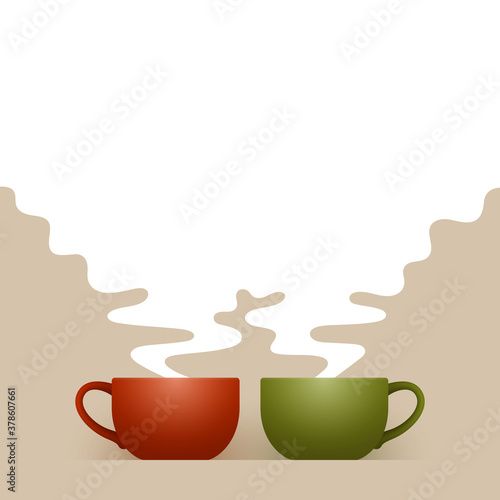 Two colored ceramic cups of hot drink and white steam