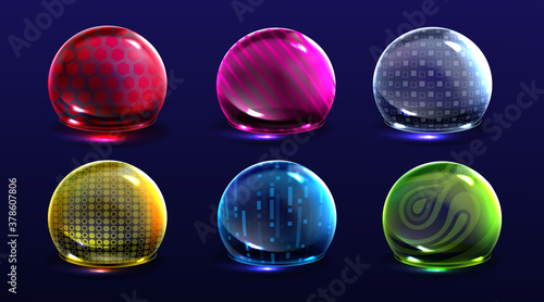 Force shield bubbles, energy glowing spheres or defense dome fields. Science fiction various deflector color elements, firewall absolute protection isolated on background, Realistic 3d vector set
