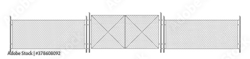 Wire fence, grid with gate. Three segments silver colored fencing, perimeter protection barrier separated with metal steel poles, rabitz isolated on white background. Realistic 3d vector illustration