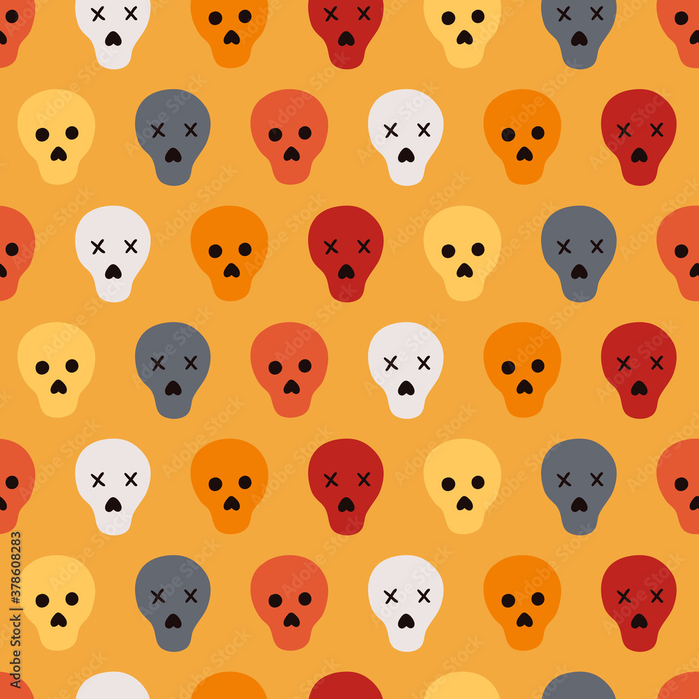 Halloween seamless pattern with colorful skulls on yellow background