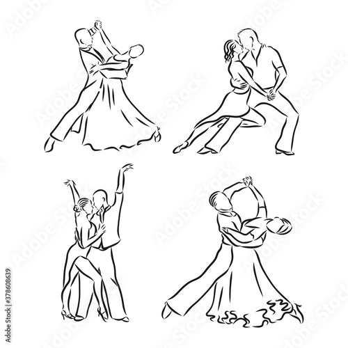 Vector illustration of ballroom dancing couples, dancing, vector sketch illustration