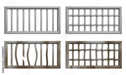 Prison window with metal bars and grate. Vector realistic set of window grid of steel rods in jail cage. Old rusty and broken grilles for prison cell isolated on white background