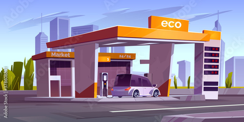 Charger station for electric car with market and prices display. Vector cartoon cityscape with station, cable with plug for charging vehicle battery. Concept of eco fuel, green energy for transport