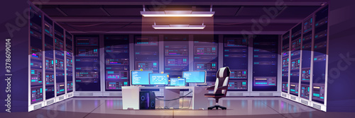 Data center room with server hardware, chair and desk with computer monitors. Vector cartoon interior of information storage office with control panel, racks with hardware for network