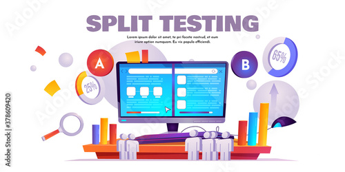 A B split testing cartoon banner, website comparison, conversion rate optimization online service results on computer screen. Internet marketing, e-commerce seo startup analytics vector illustration