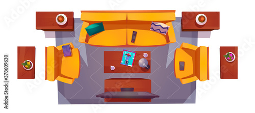 Living room interior top view. Apartment with sofa, tv, armchairs and coffee table with lamp and fashion magazine, potted plant on shelf. Empty home isolated on white, Cartoon vector illustration