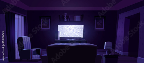 Living room interior with rear view to sofa, chair and glowing tv screen at night. Vector cartoon illustration of lounge room with couch, plasma television and bookshelves