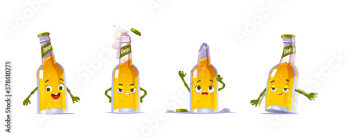 Cute beer bottle character in different poses. Vector set of cartoon funny chat bot, beer personage happy, angry, drunk, broken. Sad mascot lager pint with broken bottleneck