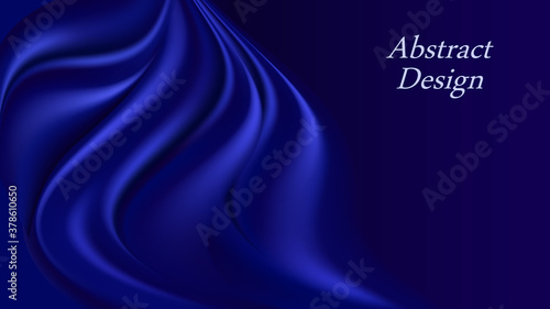 Blue silk wavy background. Deep blue swirl curtain drapery with smooth and shiny satin texture. Luxurious elegant backdrop for poster or banner. Vector illustration