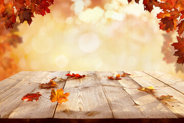 Sunlight in autumn forest. Beautiful  landscape with yellow trees and sun. Colorful  foliage on wooden table. Falling  leaves natural background.
