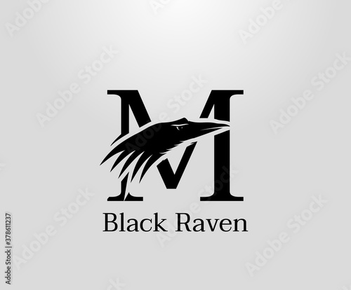 Letter M crow logo designs, black raven in letter M vector illustration design