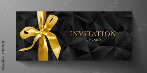 Premium invite VIP card template with black polygon background, gold bow (ribbon). Deluxe geometric poly pattern. Rich holiday design for invitation event, luxury gift certificate, exclusive voucher