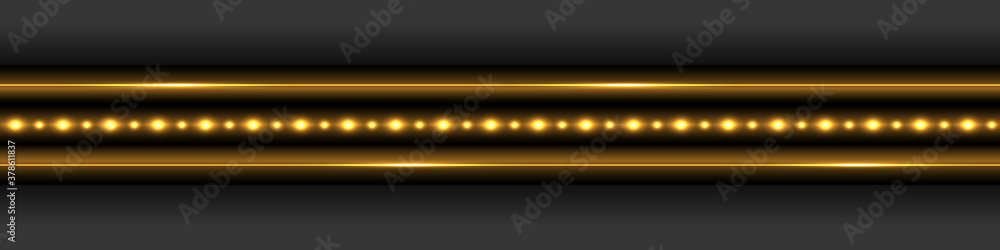 Golden glowing border with neon light effect. Shiny lines and LED strips with glare and shimmer. Gold trace on dark background, design element for decor. Abstract vector illustration
