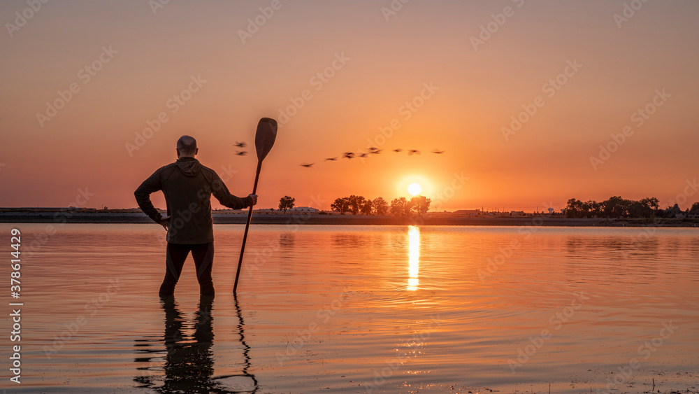 silhouette of a male stand up paddler watching sunrise and flying geese over a calm lake, Boyd Lake State Park, Colorado