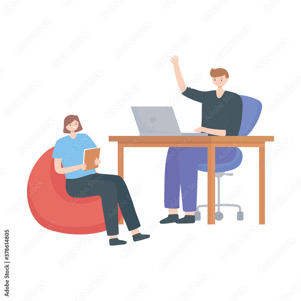 office workspace people sitting with laptop desk and coffee cup isolated design white background
