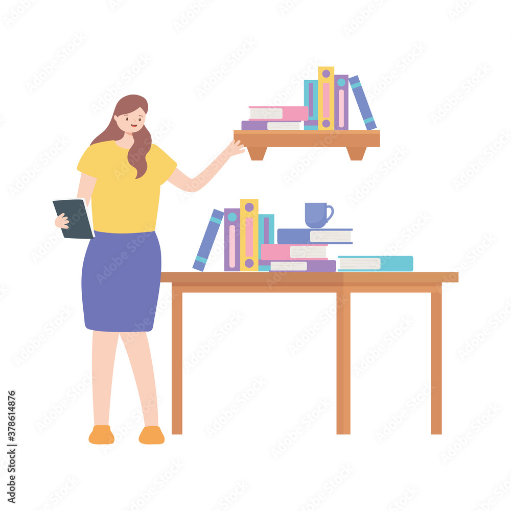 woman employee with folder shelf and table with books isolated design white background woman employee with folder shelf and table with books isolated design white background