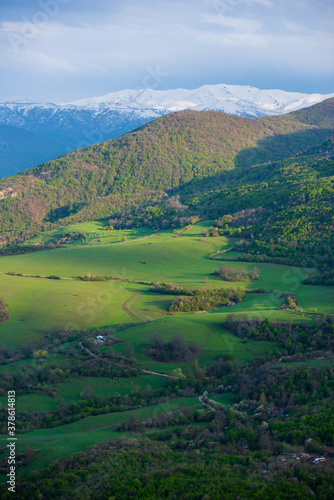 Spring landscape with snowy mountains, Tavush, Armenia