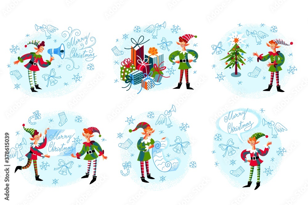 Naklejka premium Christmas elf working set. Cute xmas character preparing presents, reading list, showing poster, congratulating people, with new year tree. Winter holiday vector illustration