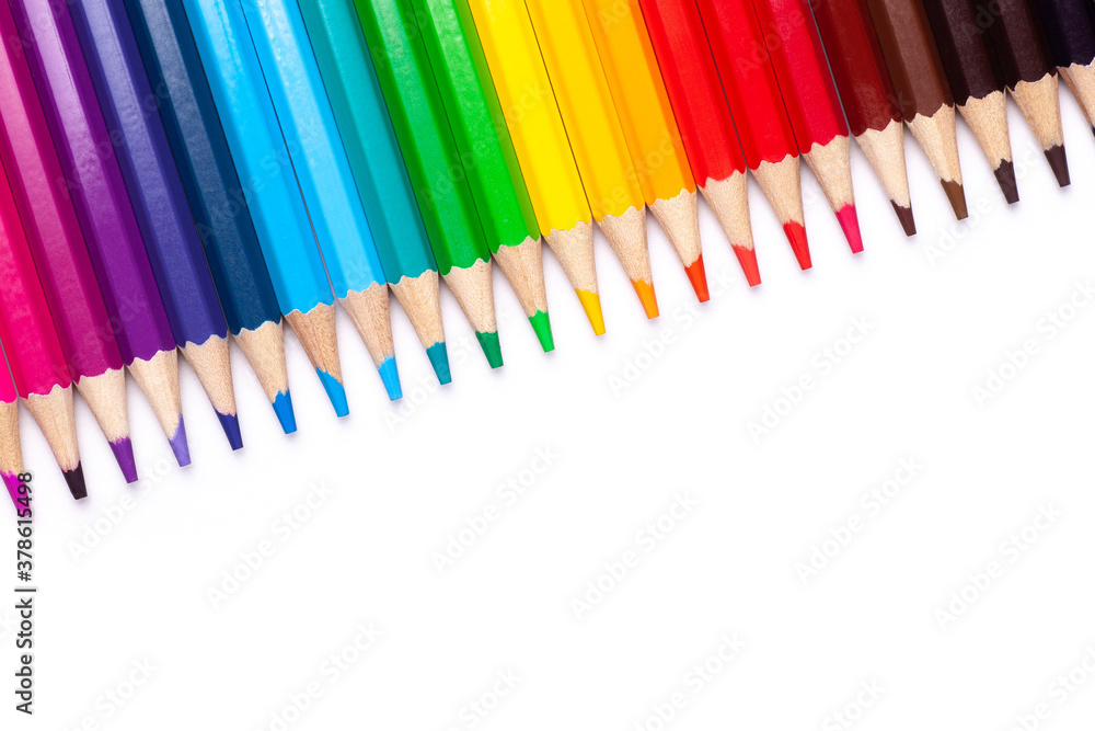 multi-colored wooden pencils in rainbow shades on a white isolated background mock up, horizontal, high quality photo. multi-colored wooden pencils in rainbow shades on a white isolated background mock up, horizontal, high quality photo.