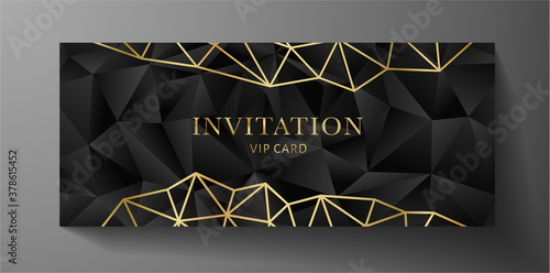 Premium invite VIP card template with black polygon background and  golden geometric poly pattern. Rich holiday design useful for invitation event, luxury gift certificate, exclusive voucher