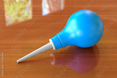 Blue enema, clyster on the wooden table. 3D rendering