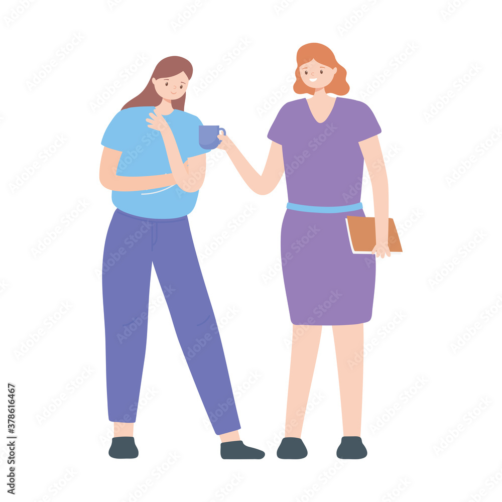 women standing with coffee cup and book isolated design white background women standing with coffee cup and book isolated design white background