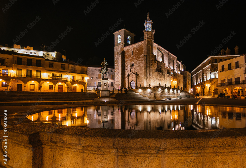 Night reflections in the main square of Trujillo, Spain
